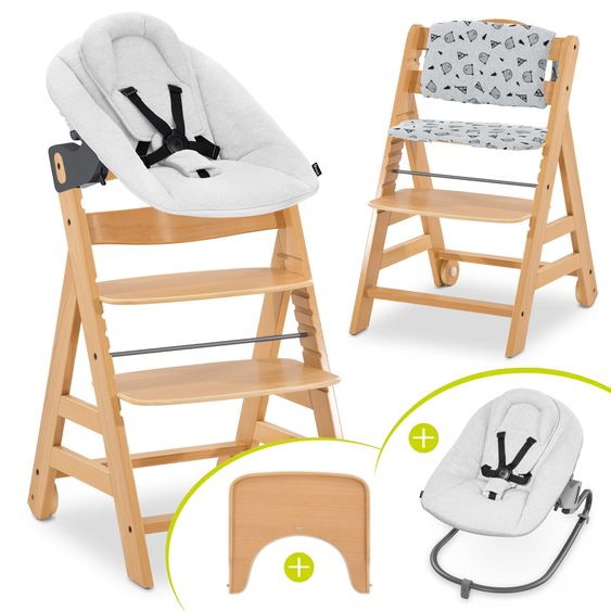 Hauck Alpha Move Natur 5-tlg. Newbornset Light Grey - Hochstuhl + Neugeborenenaufsatz & Wippe + Essbrett + Sitzkissen Nordic Grey