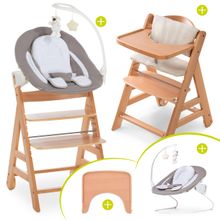 Alpha Move Natur Newborn Set - 5-tlg. Hochstuhl + Aufsatz & Wippe Deluxe, Essbrett, Sitzkissen - Sand