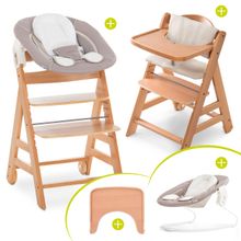 Alpha Move Natur Newborn Set - 5-tlg. Hochstuhl + Aufsatz & Wippe, Essbrett, Sitzkissen - Stretch Beige