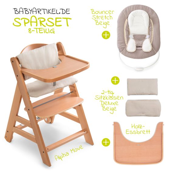 Hauck Alpha Move Nature Newborn Set - 5-pcs. High Chair + Attachment & Rocker, Eating Board, Seat Cushion - Stretch Beige