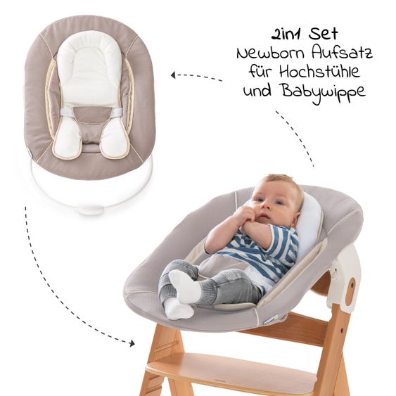 Hauck Alpha Move Nature Newborn Set - 5-pcs. High Chair + Attachment & Rocker, Eating Board, Seat Cushion - Stretch Beige