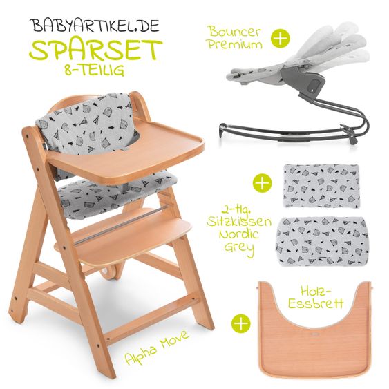 Hauck Alpha Move Natur Newborn Set - 5-tlg. Hochstuhl + Aufsatz & Wippe Premium, Essbrett, Sitzkissen - Nordic Grey