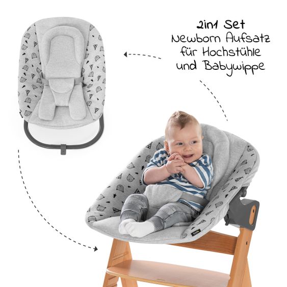 Hauck Alpha Move Natur Newborn Set - 5-tlg. Hochstuhl + Aufsatz & Wippe Premium, Essbrett, Sitzkissen - Nordic Grey