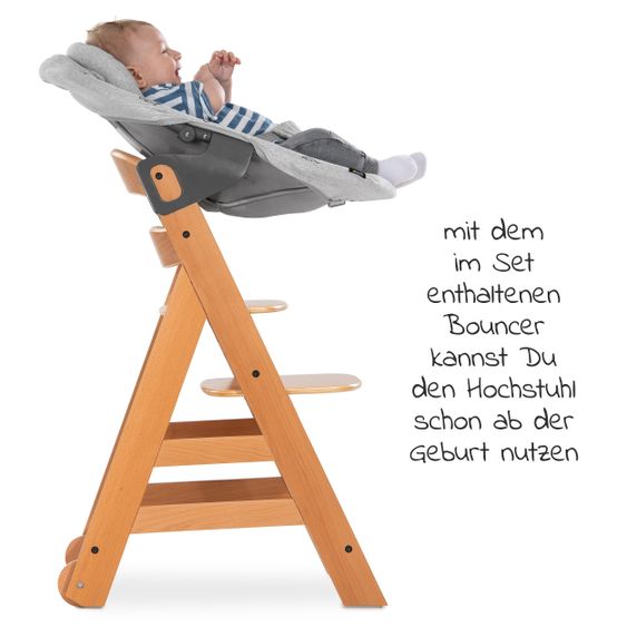Hauck Alpha Move Natur Newborn Set - 5-tlg. Hochstuhl + Aufsatz & Wippe Premium, Essbrett, Sitzkissen - Nordic Grey
