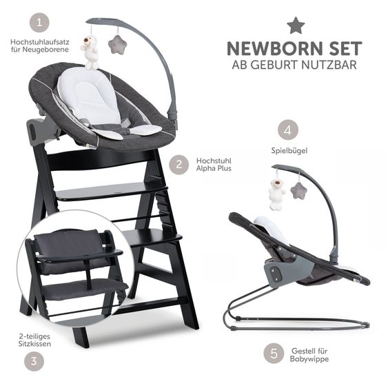 Hauck Alpha Plus 4-pcs Newborn Set - Highchair + 2in1 Newborn Attachment & Deluxe Rocker + Deluxe Seat Cushion - Black