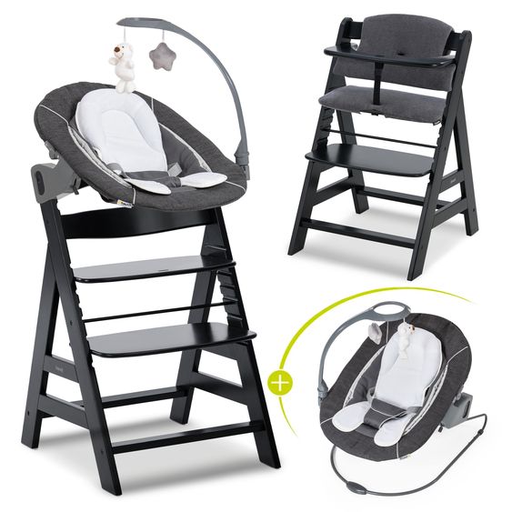 Hauck Alpha Plus Set Newborn 4 pz. - Seggiolone + 2in1 Riduttore Neonato & Dondolo Deluxe + Cuscino Deluxe - Nero