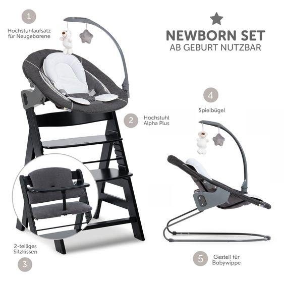 Hauck Alpha Plus Set Newborn 4 pz. - Seggiolone + 2in1 Riduttore Neonato & Dondolo Deluxe + Cuscino Deluxe - Nero