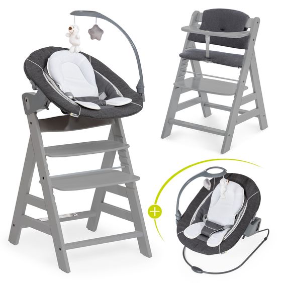 Hauck Alpha Plus 4-tlg. Newborn Set - Hochstuhl + 2in1 Neugeborenenaufsatz & Wippe Deluxe + Sitzkissen Deluxe - Melange Grey - Grey