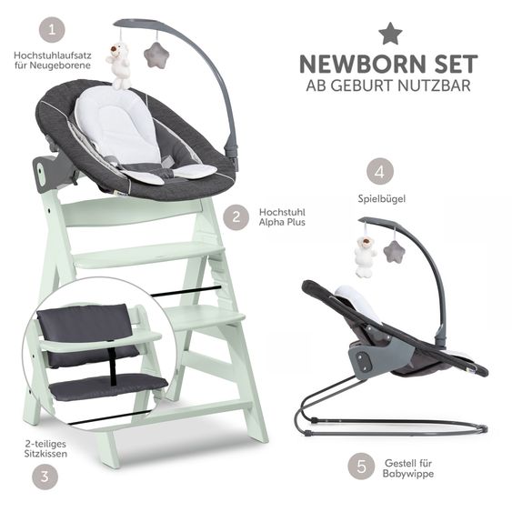Hauck Alpha Plus 4-pcs Newborn Set - Highchair + 2in1 Newborn Attachment & Deluxe Rocker + Deluxe Seat Cushion - Mint