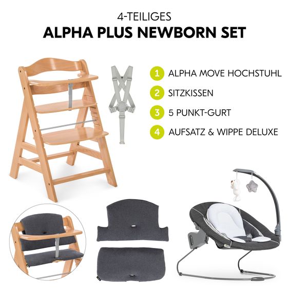 Hauck Alpha Plus Set Newborn 4 pz. - Seggiolone + 2in1 Riduttore Neonato & Dondolo Deluxe + Cuscino Deluxe - Natur
