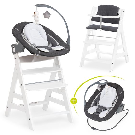 Hauck Alpha Plus Set Nouveau-Né 4 Pièces - Chaise Haute + 2in1 Adaptateur Nouveau-Né & Transat Deluxe + Coussin De Siège Deluxe - Blanc