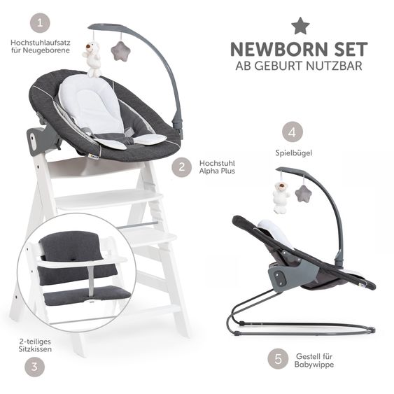 Hauck Alpha Plus Set Nouveau-Né 4 Pièces - Chaise Haute + 2in1 Adaptateur Nouveau-Né & Transat Deluxe + Coussin De Siège Deluxe - Blanc