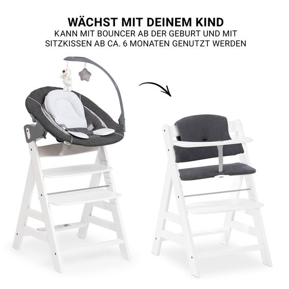 Hauck Alpha Plus Set Nouveau-Né 4 Pièces - Chaise Haute + 2in1 Adaptateur Nouveau-Né & Transat Deluxe + Coussin De Siège Deluxe - Blanc