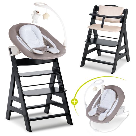 Hauck Alpha Plus 4-pc. Newborn Set - Highchair + 2in1 Newborn Insert & Deluxe Rocker + Deluxe Seat Cushion - Black