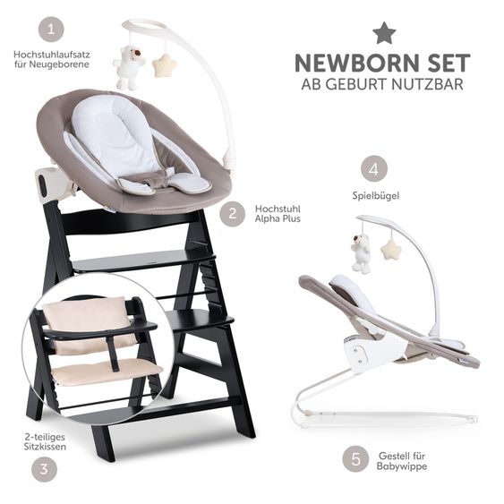 Hauck Alpha Plus 4-pc. Newborn Set - Highchair + 2in1 Newborn Insert & Deluxe Rocker + Deluxe Seat Cushion - Black