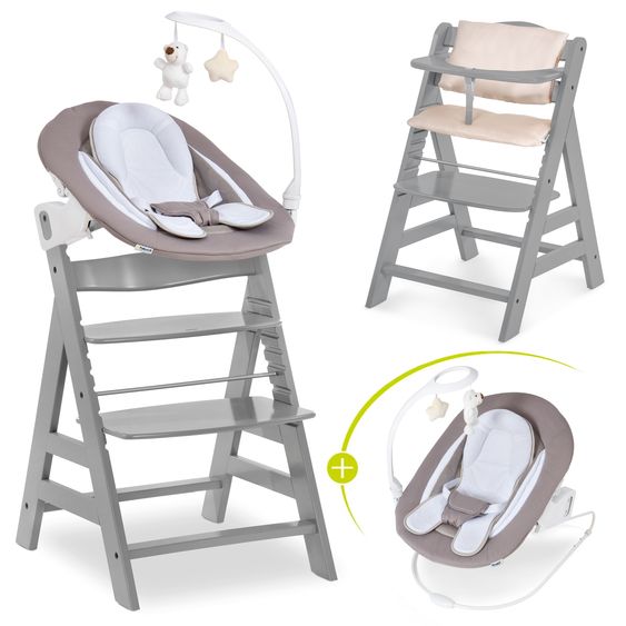 Hauck Alpha Plus 4-pc. Newborn Set - Highchair + 2in1 Newborn Insert & Deluxe Rocker + Deluxe Seat Cushion - Grey