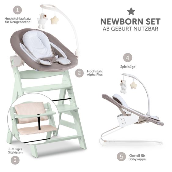 Hauck Alpha Plus 4-pc. Newborn Set - Highchair + 2in1 Newborn Insert & Deluxe Rocker + Deluxe Seat Cushion - Mint