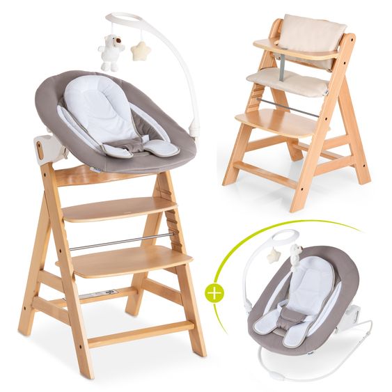 Hauck Alpha Plus 4-tlg. Newborn Set - Hochstuhl + 2in1 Neugeborenenaufsatz & Wippe Deluxe + Sitzkissen Deluxe - Sand - Natur