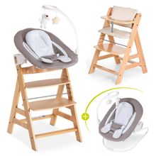 Alpha Plus 4-tlg. Newborn Set - Hochstuhl + 2in1 Neugeborenenaufsatz & Wippe Deluxe + Sitzkissen Deluxe - Sand - Natur