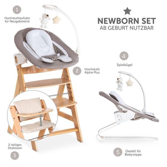 Hauck Alpha Plus 4-tlg. Newborn Set - Hochstuhl + 2in1 Neugeborenenaufsatz & Wippe Deluxe + Sitzkissen Deluxe - Sand - Natur