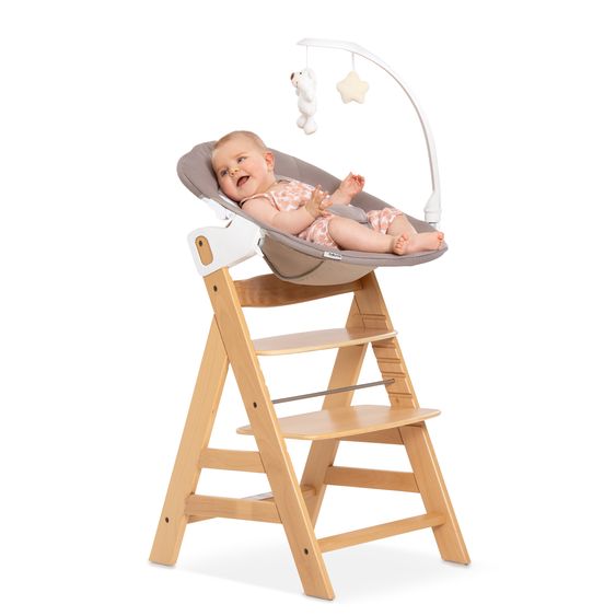Hauck Alpha Plus 4-tlg. Newborn Set - Hochstuhl + 2in1 Neugeborenenaufsatz & Wippe Deluxe + Sitzkissen Deluxe - Sand - Natur