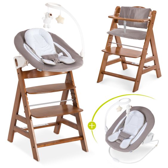 Hauck Alpha Plus Set Newborn 4 pz. - Seggiolone + 2in1 Riduttore Neonato & Dondolo Deluxe + Cuscino Deluxe - Sabbia - Noce