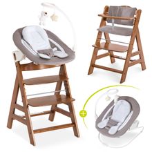 Alpha Plus 4-tlg. Newborn Set - Hochstuhl + 2in1 Neugeborenenaufsatz & Wippe Deluxe + Sitzkissen Deluxe - Sand - Walnut