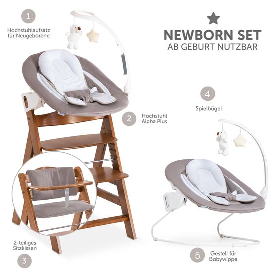 Hauck Alpha Plus Set Newborn 4 pz. - Seggiolone + 2in1 Riduttore Neonato & Dondolo Deluxe + Cuscino Deluxe - Sabbia - Noce