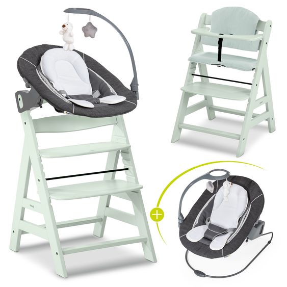 Hauck Alpha Plus 4-pcs. Newborn Set High Chair + 2in1 Newborn Attachment & Deluxe Rocker + Muslin Seat Cushion - Melange Grey - Mint
