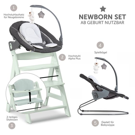 Hauck Alpha Plus 4-pcs. Newborn Set High Chair + 2in1 Newborn Attachment & Deluxe Rocker + Muslin Seat Cushion - Melange Grey - Mint