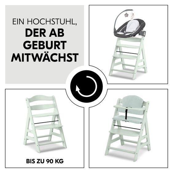 Hauck Alpha Plus 4-pcs. Newborn Set High Chair + 2in1 Newborn Attachment & Deluxe Rocker + Muslin Seat Cushion - Melange Grey - Mint