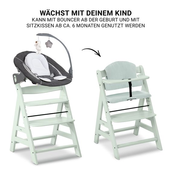 Hauck Alpha Plus 4-pcs. Newborn Set High Chair + 2in1 Newborn Attachment & Deluxe Rocker + Muslin Seat Cushion - Melange Grey - Mint