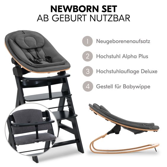 Hauck Alpha Plus 4-pcs Newborn Set - High chair + 2in1 newborn insert & rocker Eco + deluxe seat cushion - Black