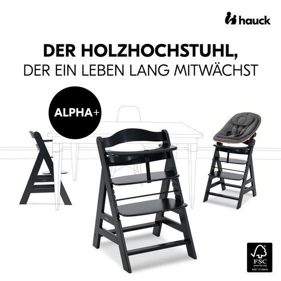 Hauck Alpha Plus 4-pcs Newborn Set - High chair + 2in1 newborn insert & rocker Eco + deluxe seat cushion - Black
