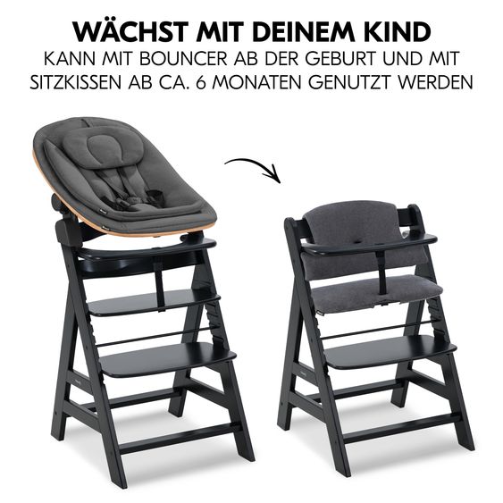 Hauck Alpha Plus 4-pcs Newborn Set - High chair + 2in1 newborn insert & rocker Eco + deluxe seat cushion - Black