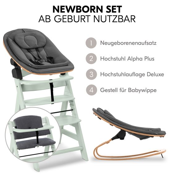 Hauck Alpha Plus 4-pcs Newborn Set - High chair + 2in1 newborn insert & rocker Eco + deluxe seat cushion - Mint