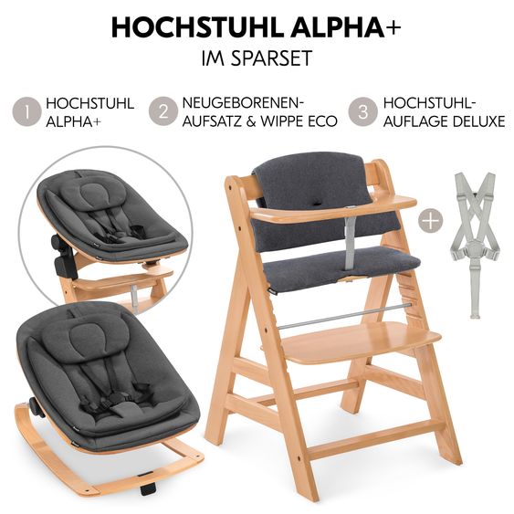 Hauck Alpha Plus Set Newborn 4 pz. - Seggiolone + 2in1 Riduttore Neonati & Dondolo Eco + Cuscino Deluxe - Deep Grey - Natur