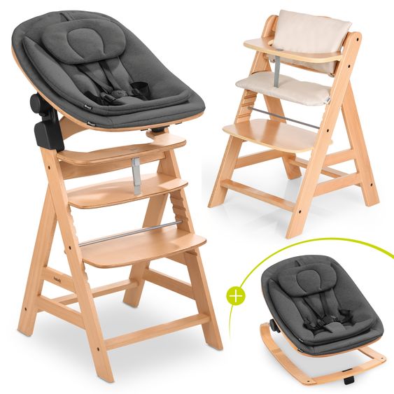 Hauck Alpha Plus 4-tlg. Newborn Set - Hochstuhl + 2in1 Neugeborenenaufsatz & Wippe Eco + Sitzkissen Deluxe - Deep Grey - Natur