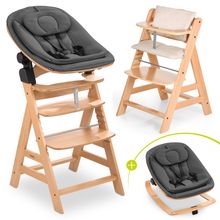 Alpha Plus 4-tlg. Newborn Set - Hochstuhl + 2in1 Neugeborenenaufsatz & Wippe Eco + Sitzkissen Deluxe - Deep Grey - Natur