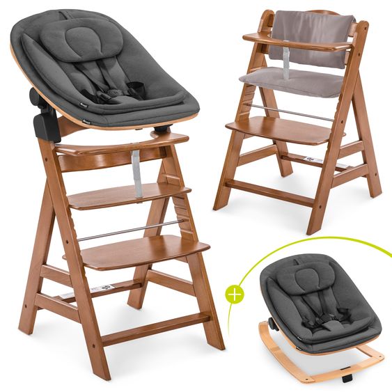 Hauck Alpha Plus 4-tlg. Newborn Set - Hochstuhl + 2in1 Neugeborenenaufsatz & Wippe Eco + Sitzkissen Deluxe - Deep Grey - Walnut