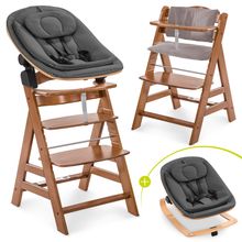 Alpha Plus 4-tlg. Newborn Set - Hochstuhl + 2in1 Neugeborenenaufsatz & Wippe Eco + Sitzkissen Deluxe - Deep Grey - Walnut