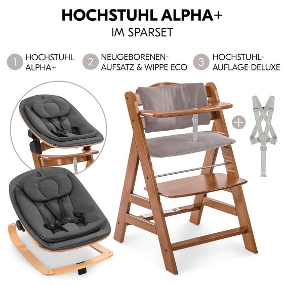 Hauck Alpha Plus 4-tlg. Newborn Set - Hochstuhl + 2in1 Neugeborenenaufsatz & Wippe Eco + Sitzkissen Deluxe - Deep Grey - Walnut