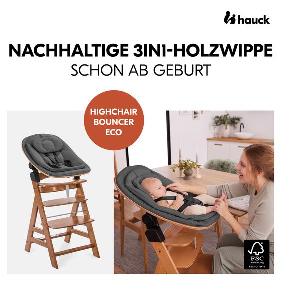 Hauck Alpha Plus 4-tlg. Newborn Set - Hochstuhl + 2in1 Neugeborenenaufsatz & Wippe Eco + Sitzkissen Deluxe - Deep Grey - Walnut