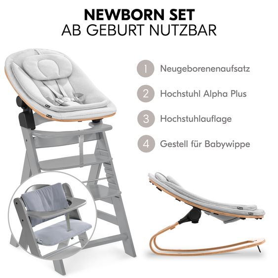 Hauck Alpha Plus 4-pc. Newborn Set - High chair + 2in1 newborn insert & rocker Eco + deluxe seat cushion - Grey