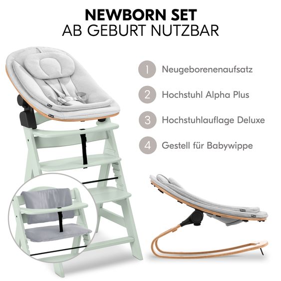 Hauck Alpha Plus 4-pc. Newborn Set - High chair + 2in1 newborn insert & rocker Eco + deluxe seat cushion - Mint