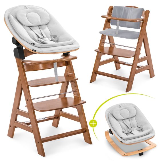 Hauck Alpha Plus 4-pc. Newborn Set - High chair + 2in1 newborn insert & rocker Eco + deluxe seat cushion - Walnut