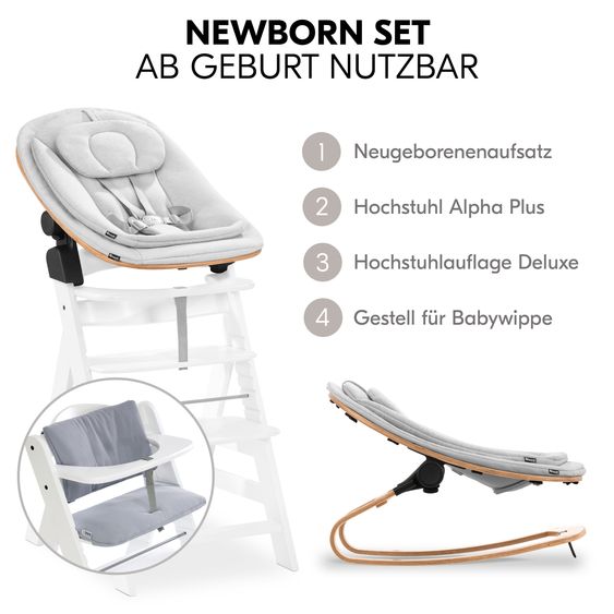 Hauck Alpha Plus 4-pc. Newborn Set - High chair + 2in1 newborn insert & rocker Eco + deluxe seat cushion - White
