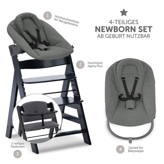 Hauck Alpha Plus Set Newborn 4 pz. Seggiolone + 2in1 Adattatore Neonato & Dondolo Premium + Cuscino Seduta Deluxe - Nero