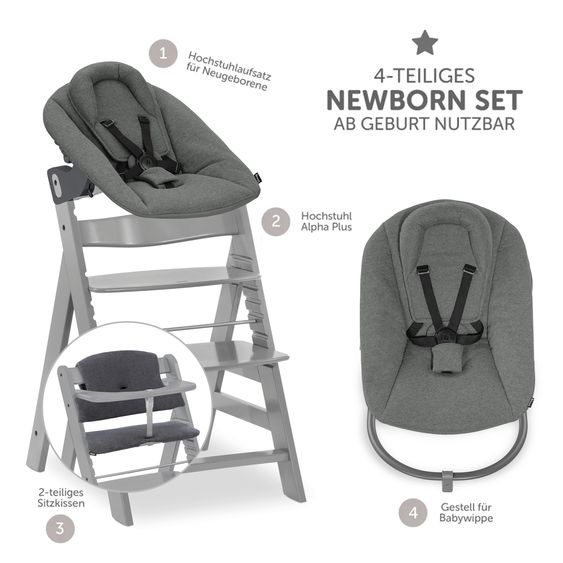Hauck Alpha Plus 4-tlg. Newborn Set - Hochstuhl + 2in1 Neugeborenenaufsatz & Wippe Premium + Sitzkissen Deluxe - Dark Grey - Grey