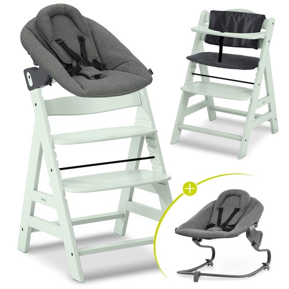 Hauck Alpha Plus 4-pcs Newborn Set - Highchair + 2in1 Newborn Insert & Rocker Premium + Seat Cushion Deluxe - Dark Grey - Mint